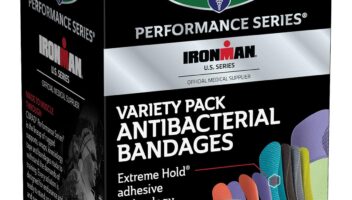 CURAD Performance Series IRONMAN Antibacterial Bandages, Extreme Hold Adhesive Technology, Finger & Knuckle Bandages, Flexible Fabric, Variety Pack with Assorted Sizes & Colors, 50 Count