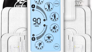 AUVON Touchscreen TENS Unit Muscle Stimulator for Pain Relief, 24 Modes Dual-Channel Rechargeable TENS Machine with 2 x Battery Life, Continuous Mode, Cable Tie, Pad Holder and 8 TENS Pads (White)