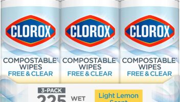 Clorox Free & Clear Compostable Cleaning Wipes, Light Lemon Scent, 75 Count, Pack of 3 (Pack May Vary)